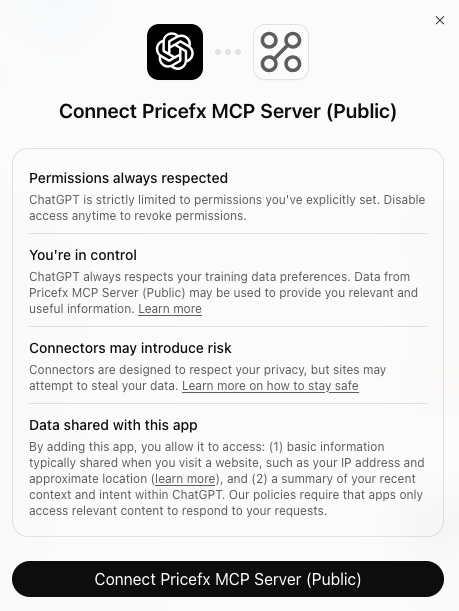 Connect dialog in ChatGPT with permission and data-sharing notices and the Continue button.