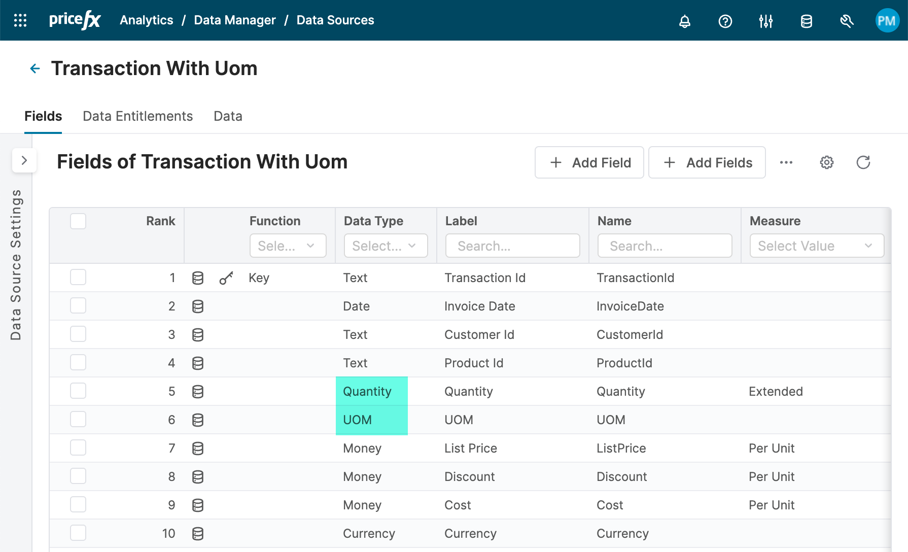 data source with uom fields