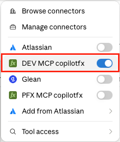 Connectors menu with the private Pricefx MCP Server connection enabled.