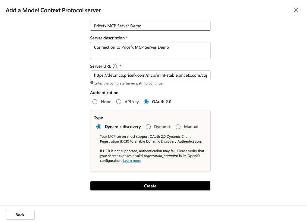 Add a Model Context Protocol server dialog with server name, description, and URL filled in, OAuth 2.0 and Dynamic discovery selected.