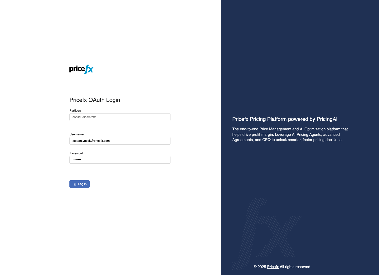 Pricefx OAuth Login page with the Partition, Username, and Password fields and the Log in button.