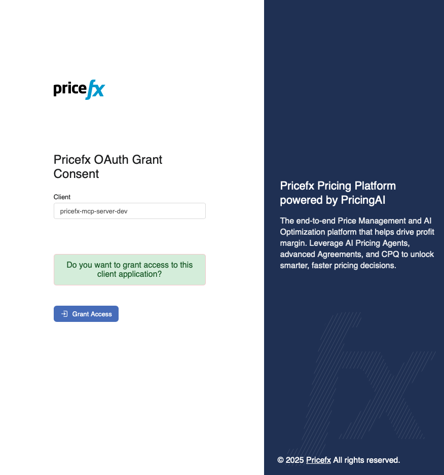 Pricefx OAuth Grant Consent page showing the client application name and the Grant Access button.