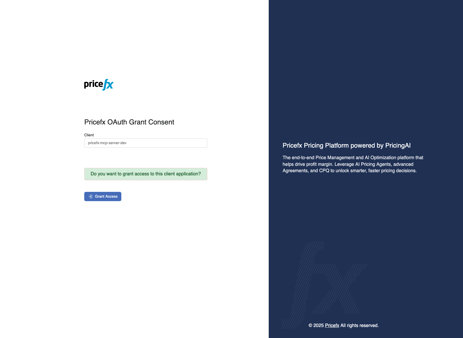 Pricefx OAuth Grant Consent page showing the client application name and the Grant Access button.