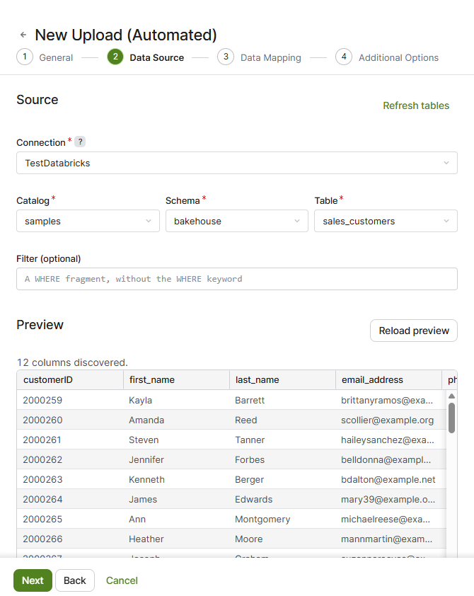 Data Source step with a Databricks table selected and the preview loaded