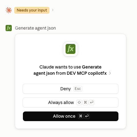 Claude permission dialog requesting access to the Generate Agent JSON tool.