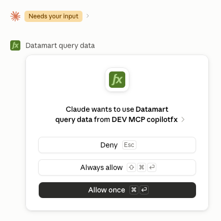 Claude permission dialog requesting access to the datamart_query_data tool.
