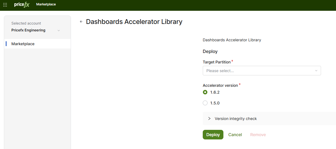 PlatformManager Marketplace page with the Dashboard Library Accelerator package selected