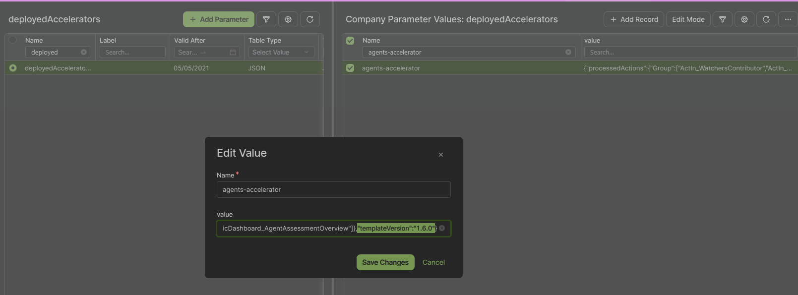 Company Parameter edit screen for deployedAccelerators, with the templateVersion field highlighted.