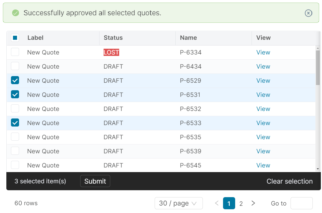 selected rows action success