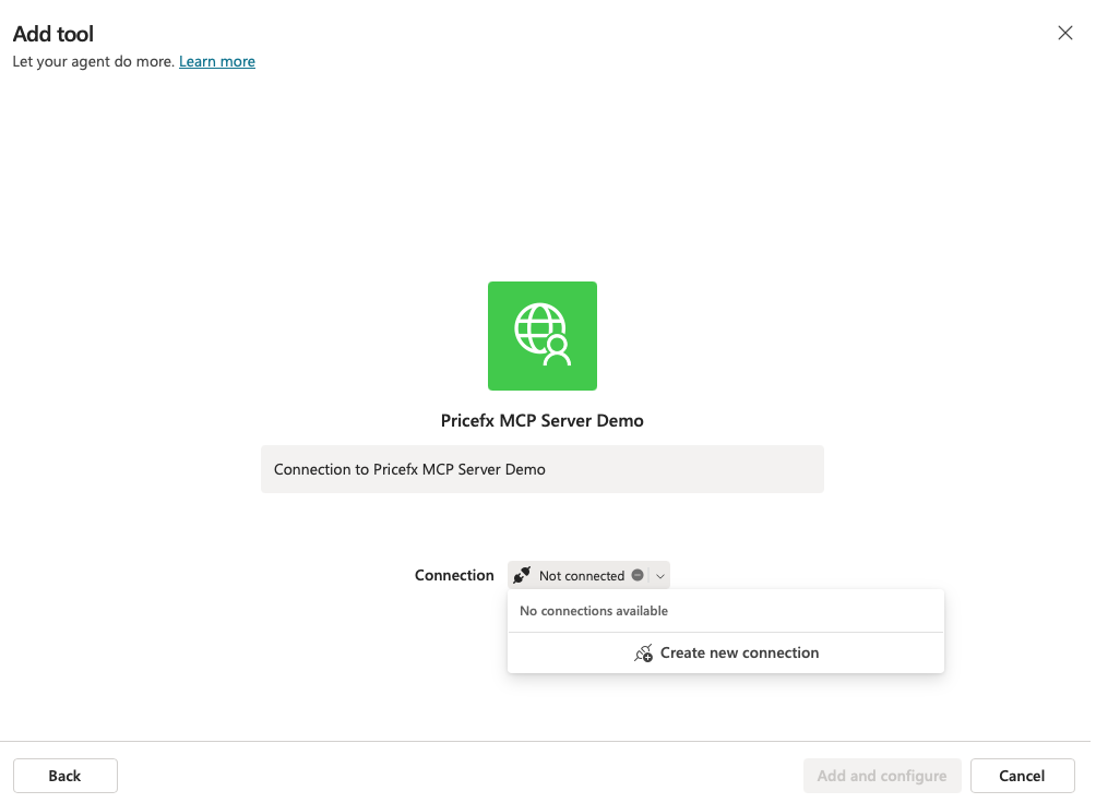 Add tool dialog showing the MCP server with Not connected status and the Create new connection option in the Connection menu.