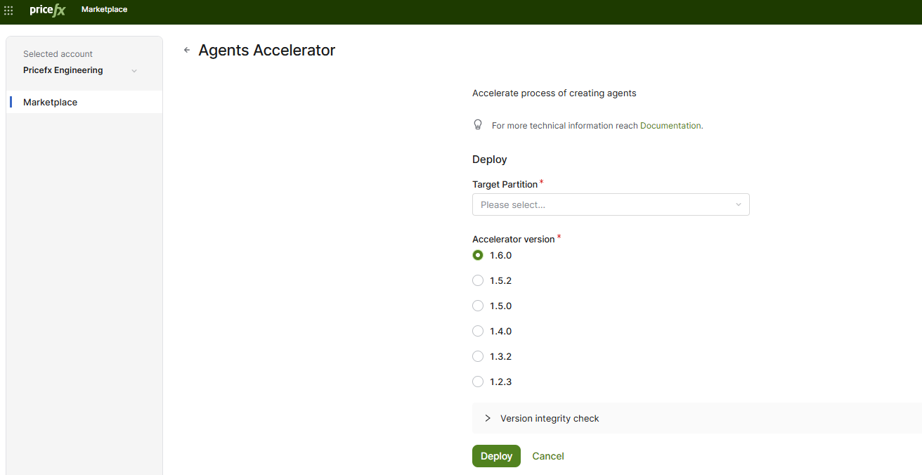 PlatformManager Marketplace page with the Agents Accelerator package selected