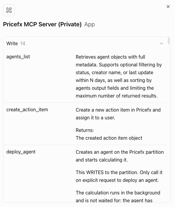 Pricefx MCP Server (Private) app in ChatGPT listing available tools with their descriptions.
