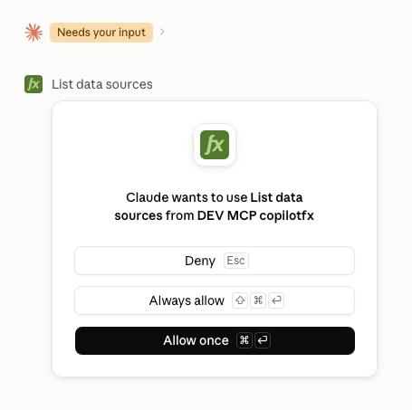 Claude permission dialog requesting access to the list_data_sources tool.