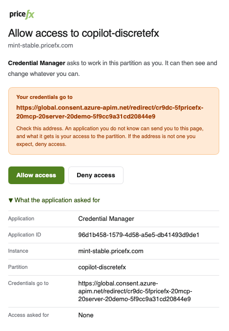 Allow access page asking to grant Credential Manager access to the partition, with the Allow access and Deny access buttons.