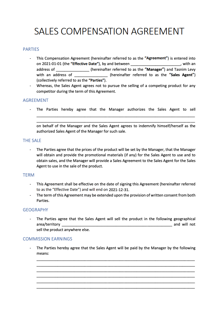 printed agreement template sample