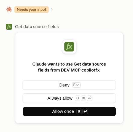 Claude permission dialog requesting access to the get_data_source_fields tool.