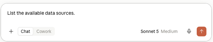Claude message input containing the List the available data sources. prompt.