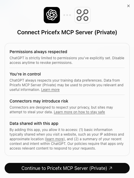 Connect dialog in ChatGPT with permission and data-sharing notices and the Continue button.