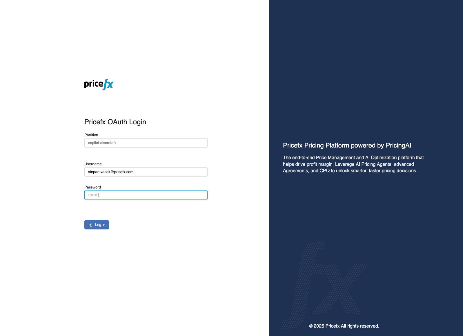 Pricefx login page for the selected cluster and partition.