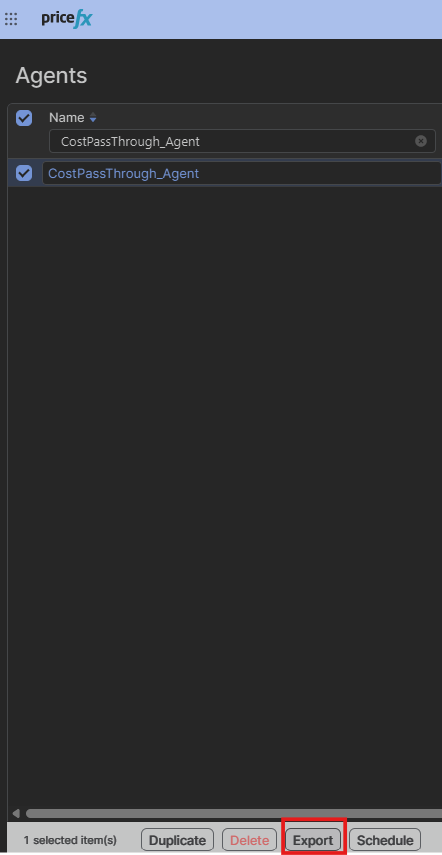 Agents list page with Agents selected and the Export option open