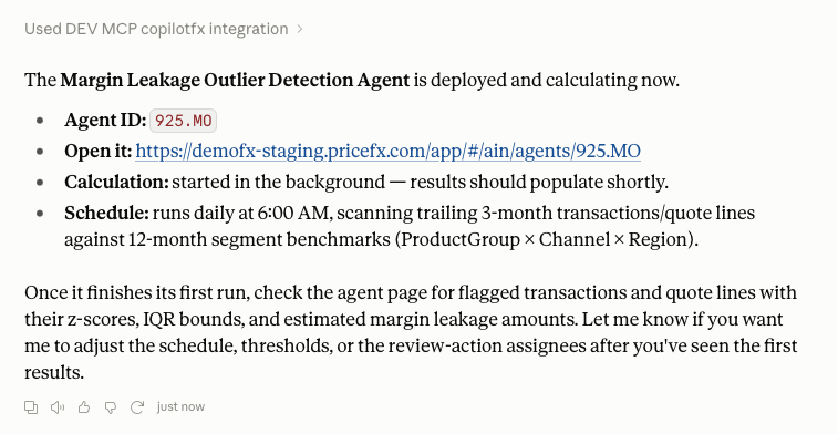 Claude response showing the Agent deployment result.