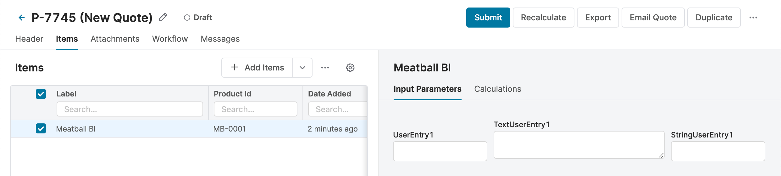 inputs side by side quote line