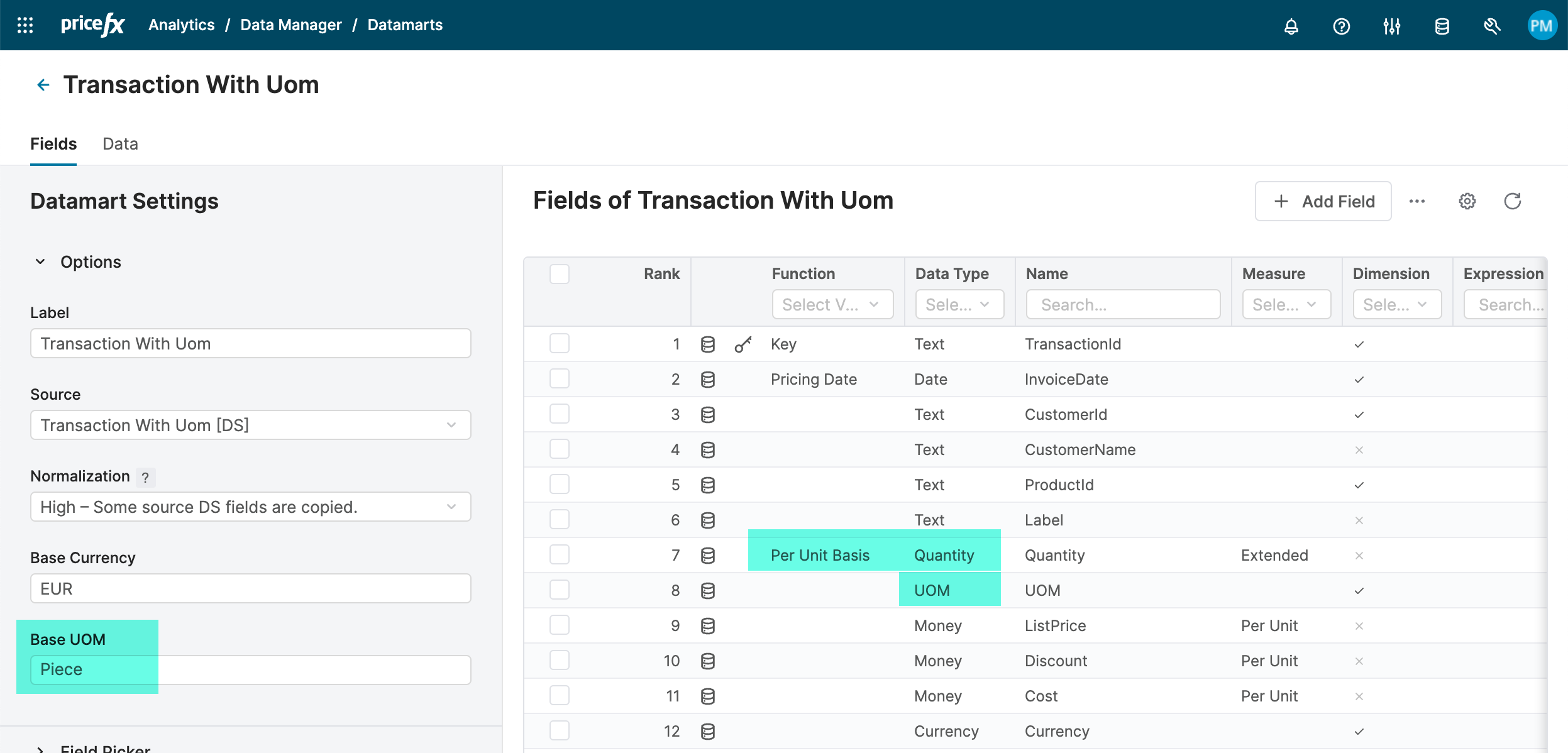 data mart with uom fields