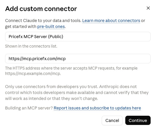 Add custom connector menu with the MCP server URL entered.