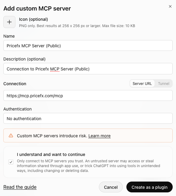Add custom MCP server dialog with the name, connection URL, and OAuth authentication filled in and the risk acknowledgment selected.