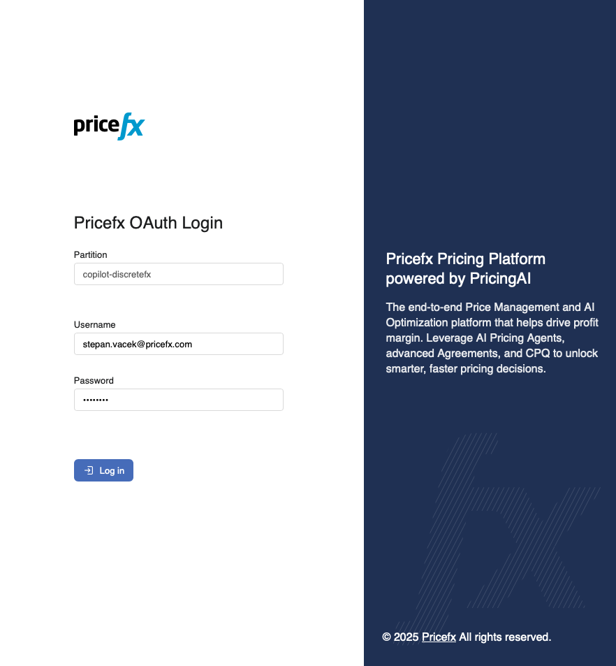 Pricefx OAuth Login page with the Partition, Username, and Password fields and the Log in button.
