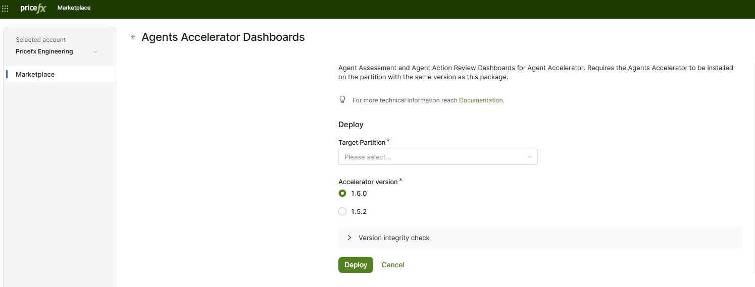 PlatformManager Marketplace page with the Agents Accelerator Dashboards package selected