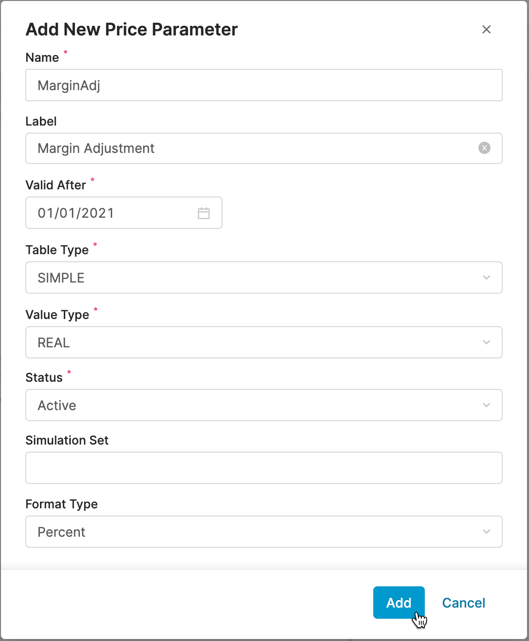 dialog add new price parameter