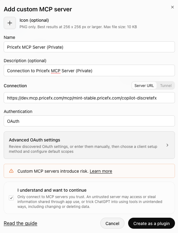 Add custom MCP server dialog with the name, connection URL, and OAuth authentication filled in and the risk acknowledgment selected.