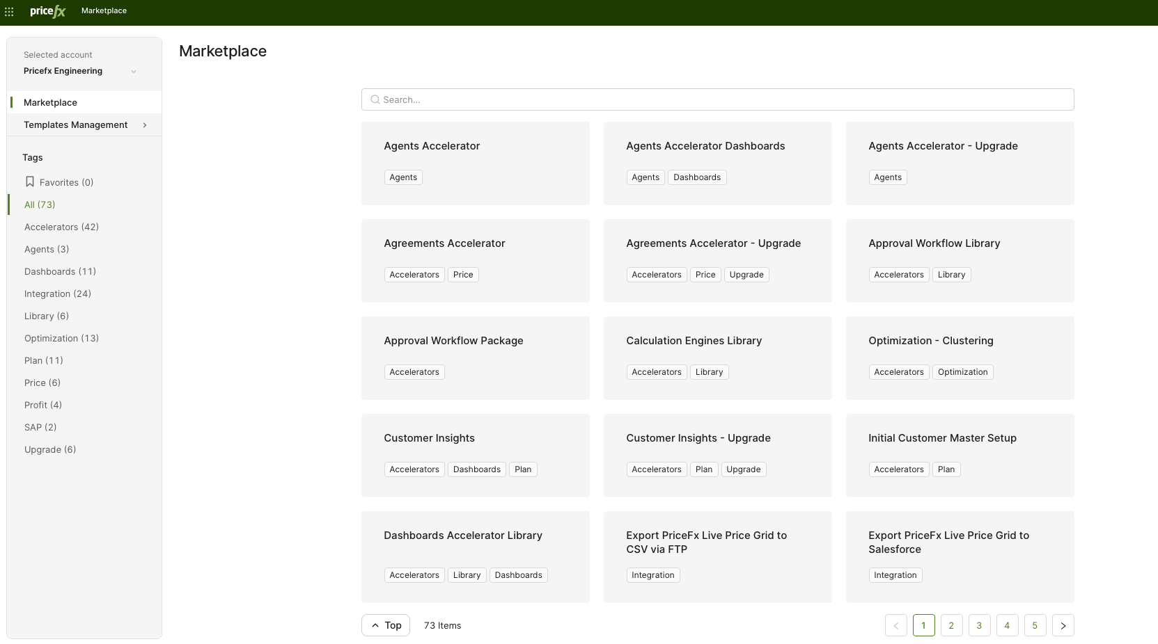 PlatformManager Marketplace with the list of available Accelerators