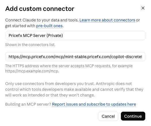 Add custom connector menu with the MCP server URL entered.