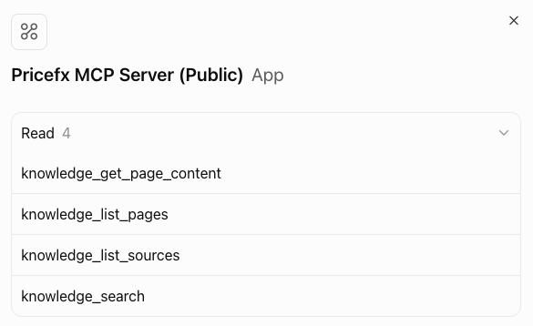 Pricefx MCP Server (Private) app in ChatGPT listing available tools with their descriptions.
