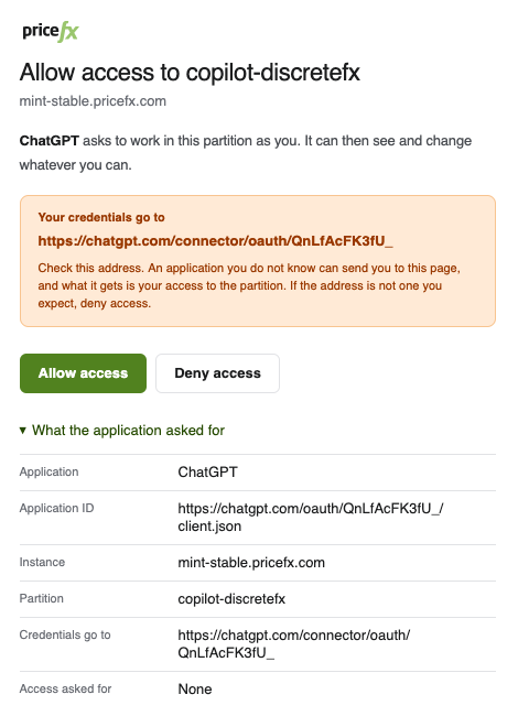 Allow access dialog asking to grant ChatGPT access to the partition, with the Allow access and Deny access buttons.